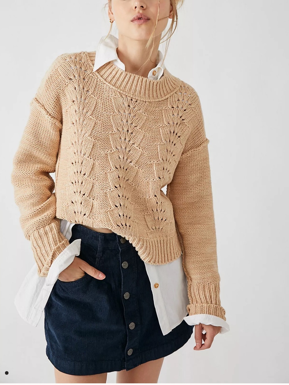 Free People Pointelle Crewneck Sweater in Beige - M